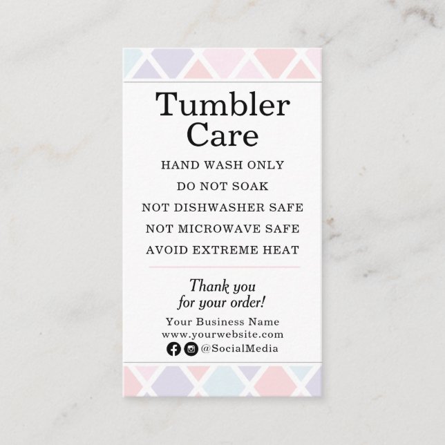Tumbler Care Instructions Modern Pastel Diamond Visitenkarte (Vorderseite)