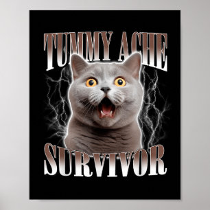 Tummy Ache Survivor Cat Meme Funny Quote Sprichwor Poster