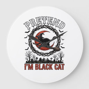 Tünche Schwarze Katze Halloween Hexenhut Roter Mon Große Wanduhr