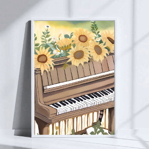 Tune in Bloom   Aquarell-Sonnenblumen-Blumen-Piano Poster