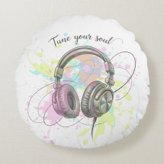 Tune Into Your Soul Headphones Watercolor Art Rundes Kissen
