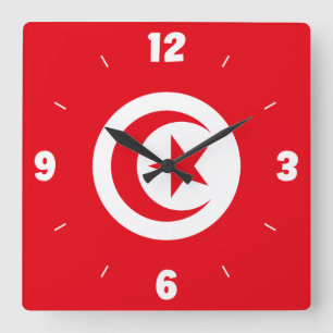 Tunesien Flaggen Rotes Weißes Halbmond Sterne Zahl Quadratische Wanduhr