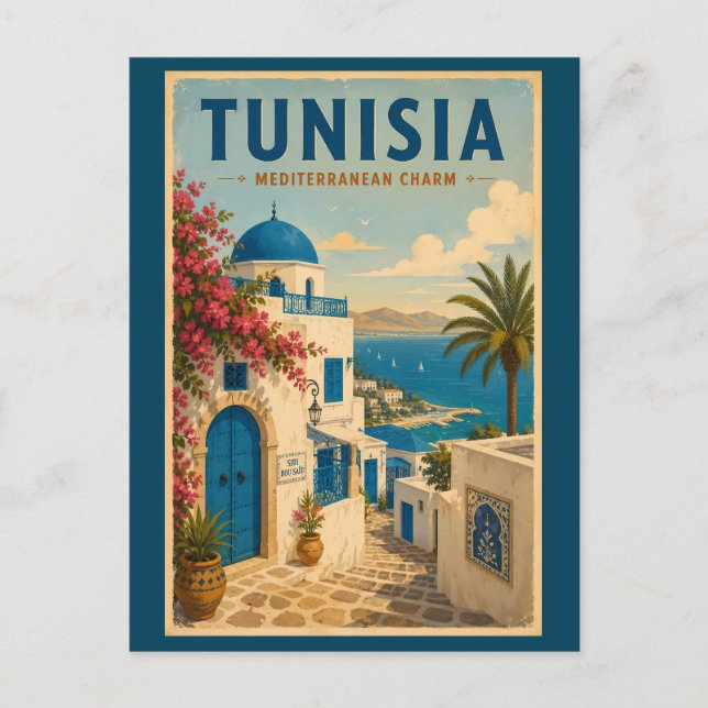 Tunesien Landschaftsillustration Reise Kunst Vinta Postkarte (Vorderseite)
