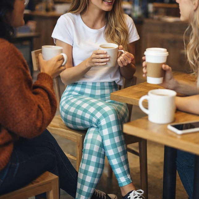 Tüpfelblau-weißes Gingham-Karomuster Leggings (A pair of leggings with a teal and white gingham plaid pattern.)