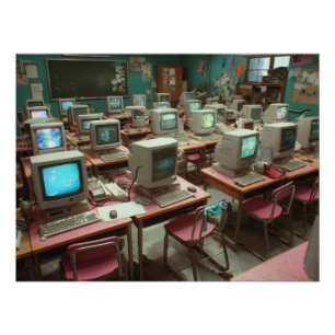 Tüpfelblaues Retro-Computerlabor-Klassenzimmer Poster