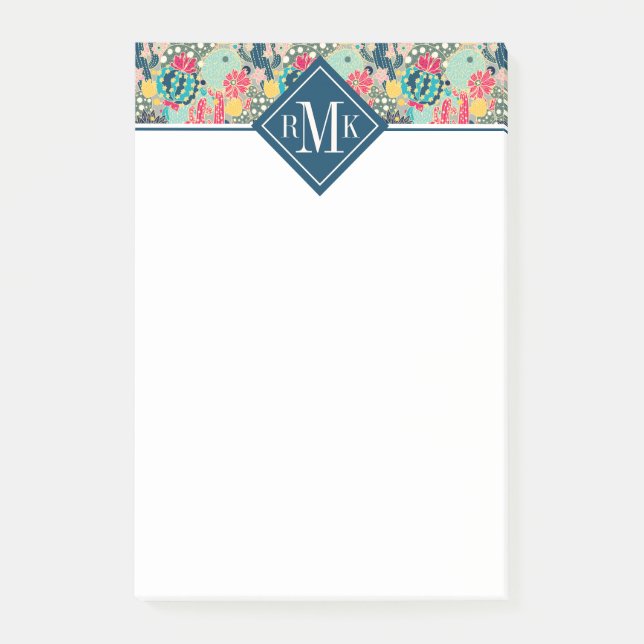 Tupfen-Kaktus-Muster des Monogramm-| buntes Post-it Klebezettel (Vorderseite)