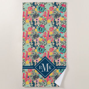 Tupfen-Kaktus-Muster des Monogramm-  buntes Strandtuch