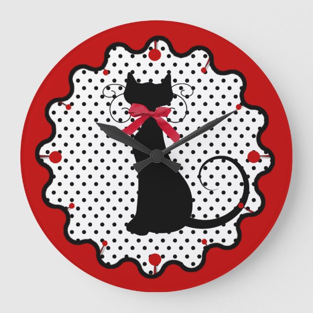 Tupfen und schwarze Katze Große Wanduhr (Vorderseite)