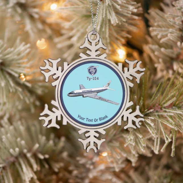 Tupolev (Т у о е в) Tu-104 Airliner Schneeflocken Zinn-Ornament (Baum)