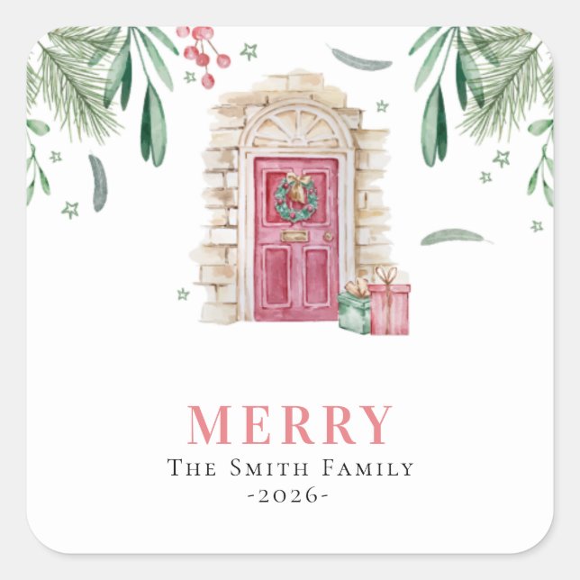 Tür mit Weihnachtsgeschenken Quadratischer Aufkleber (Vorderseite)