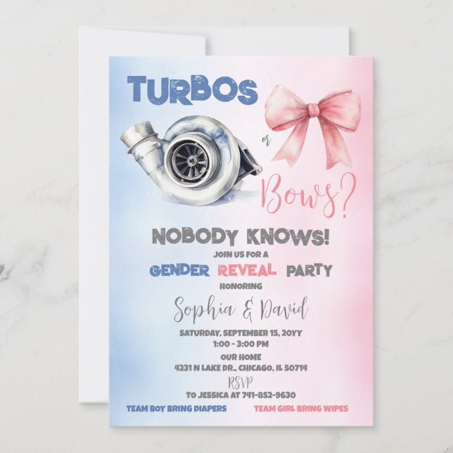 Turbos oder Bows Gender Reveal Party Einladung (Vorderseite)
