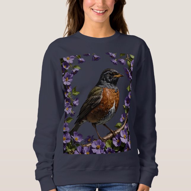Turdus migratorios Vogel umgeben von Violett Viola Sweatshirt (Vorderseite)