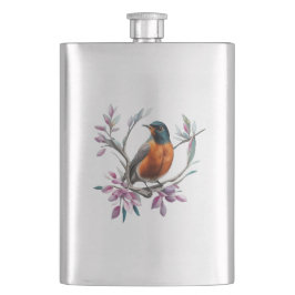 Turdus migratorius umgeben von Berglorbeer Flachmann