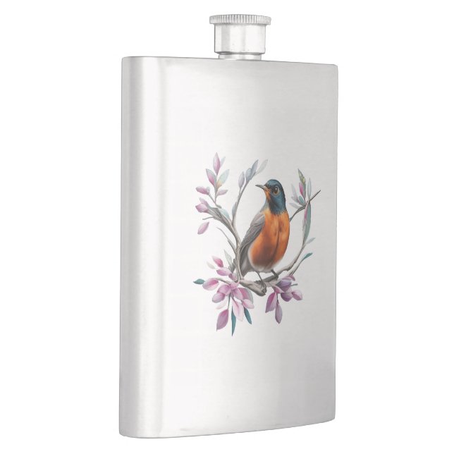 Turdus migratorius umgeben von Berglorbeer Flachmann (Rechts)