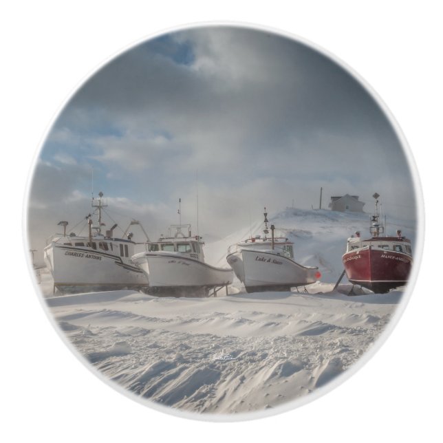 Türgriff, Fischerboote im Schnee Keramikknauf (Vorderseite)