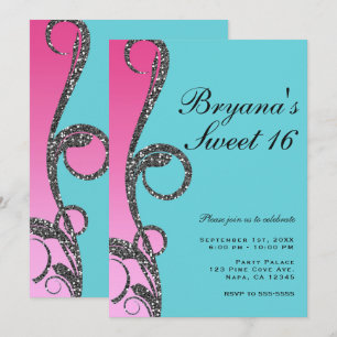 Türkblau & Rosa Silber Glitter Wirbel Sweet 16 Par Einladung