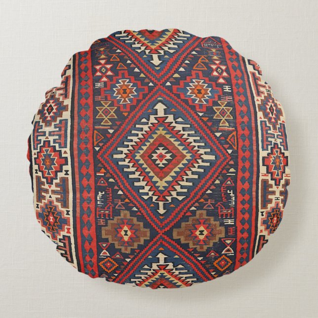 Türkei Kilim Aztec Red Blue Tan  Rundes Kissen (Vorderseite)
