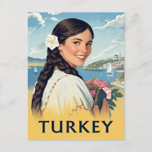 Türkei-Reiseplakat lächelnde Frau und Küste Postkarte