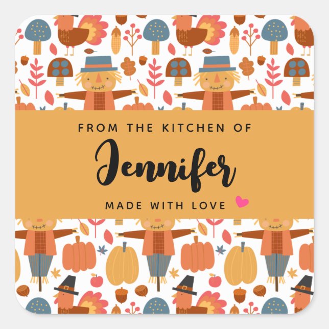 Türkei & Scarecrow Erntedank Pattern Küche Quadratischer Aufkleber (Vorderseite)