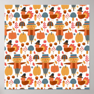 Türkei und Scarecrow Erntedank Pattern Poster
