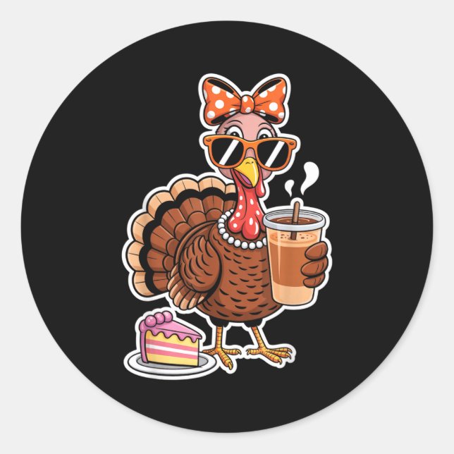 Turkey Drinking Coffee Bow Thanksgiving Womens Tur Runder Aufkleber (Vorderseite)