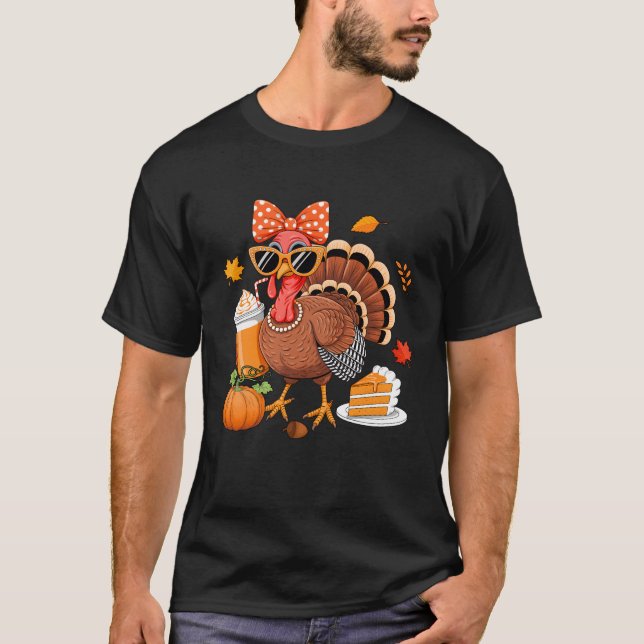 Turkey Drinking Coffee Bow Thanksgiving Womens Tur T-Shirt (Vorderseite)