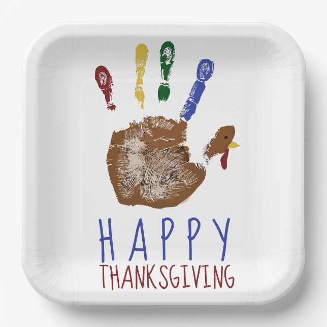 Turkey Handprint Kid Happy Thanksgiving Cute  Pappteller (Vorderseite)
