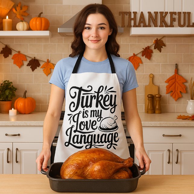 Turkey Lover Erntedank Feinschmecker Meme Schürze (woman proudly displaying Thanksgiving turkey before carving to serve at the holiday feast)