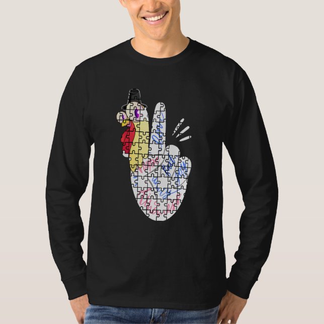 Turkey Peace Hand Sign Puzzle Autism Thanksgiving  T-Shirt (Vorderseite)