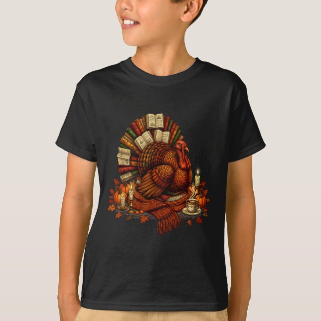 Turkey Reading Books Fall Season Thanksgiving Teac T-Shirt (Vorderseite)