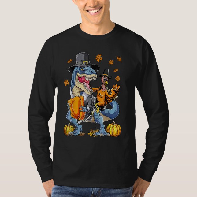 Turkey Riding Dinosaur rex Thanksgiving  Pilgrim B T-Shirt (Vorderseite)