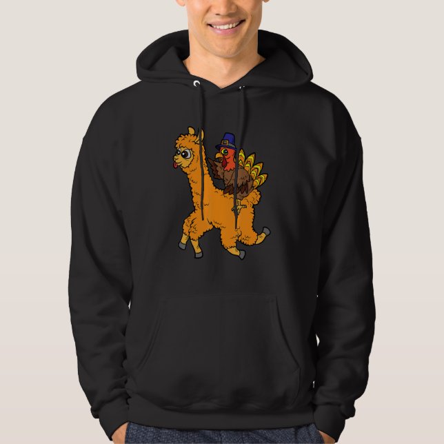 Turkey Riding Llama Thanksgiving Day Animal Fall A Hoodie (Vorderseite)