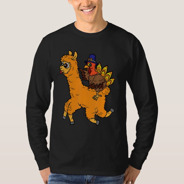 Turkey Riding Llama Thanksgiving Day Animal Fall A T-Shirt (Vorderseite)