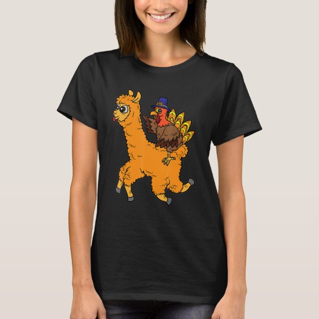 Turkey Riding Llama Thanksgiving Day Animal Fall A T-Shirt (Vorderseite)