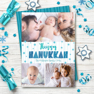 Türkis 3 Foto Happy Hanukkah Moderne Typografie Feiertagskarte
