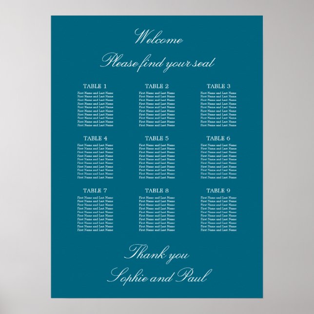 Türkis 9 Tabelle Hochzeitsdiagramm Poster (Vorne)