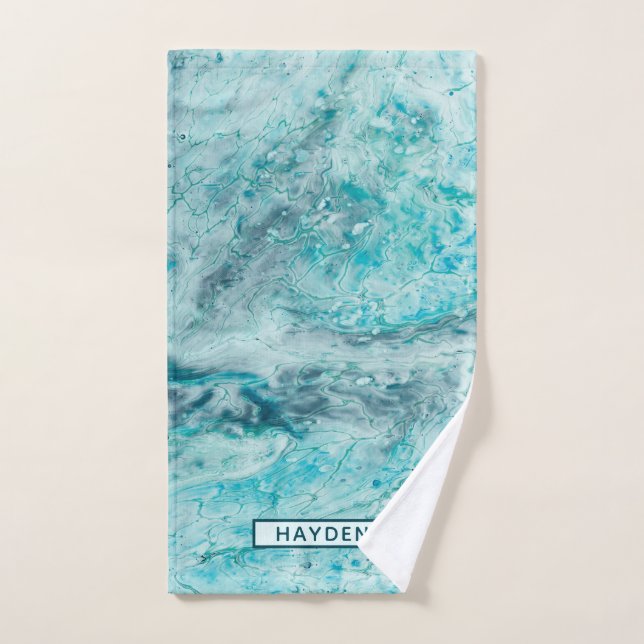 Türkis-abstrakte Farbe gießen Kunst-Monogramm Handtuch (Handtuch)