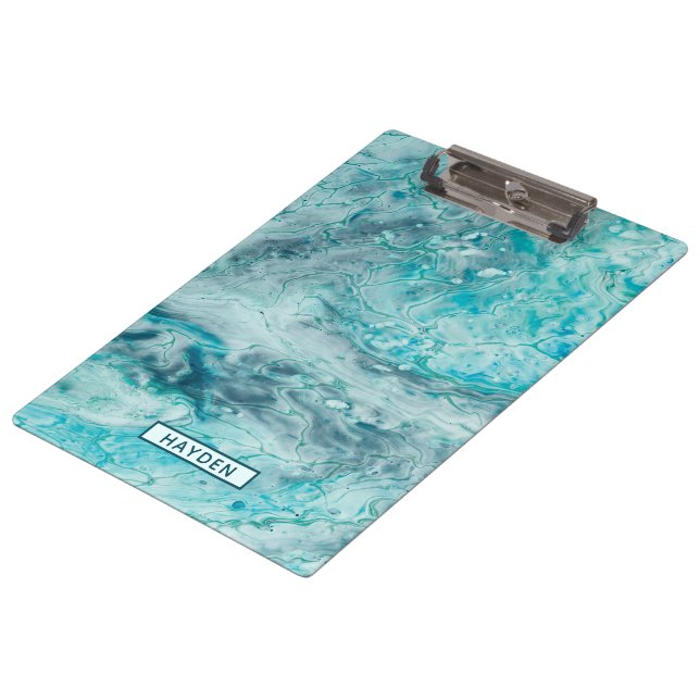 Türkis-abstrakte Farbe gießen Kunst-Monogramm Klemmbrett (Schrägansicht)