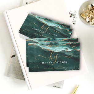 Türkis Agate Script Monogram Imitate Gold Glitzer Visitenkarte