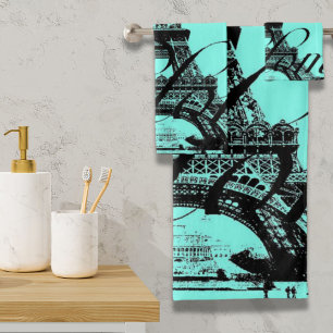 Türkis Aqua aquamarin Scripte Paris Eiffel Tower Badhandtuch Set