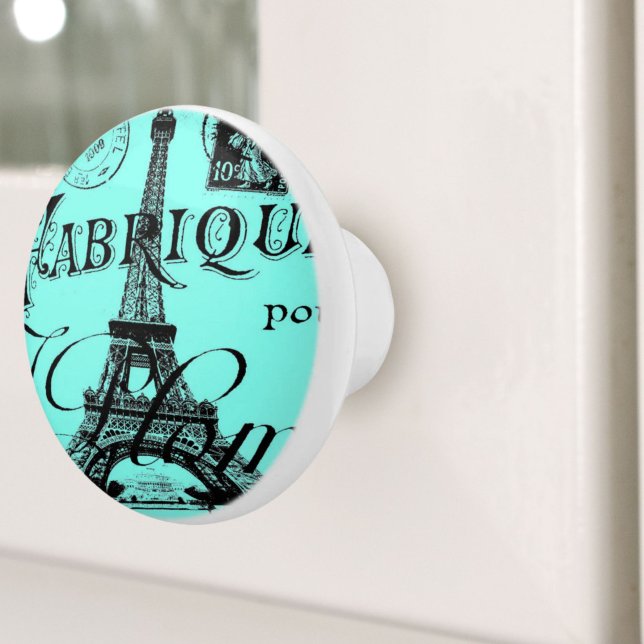 Türkis Aqua aquamarin Scripte Paris Eiffel Tower Keramikknauf (turquoise aqua teal scripts Paris Eiffel Tower Ceramic Knob)