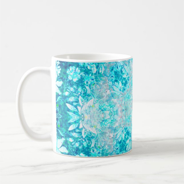 Türkis Aqua Blauer Blumenmuster Kaffeetasse (Links)
