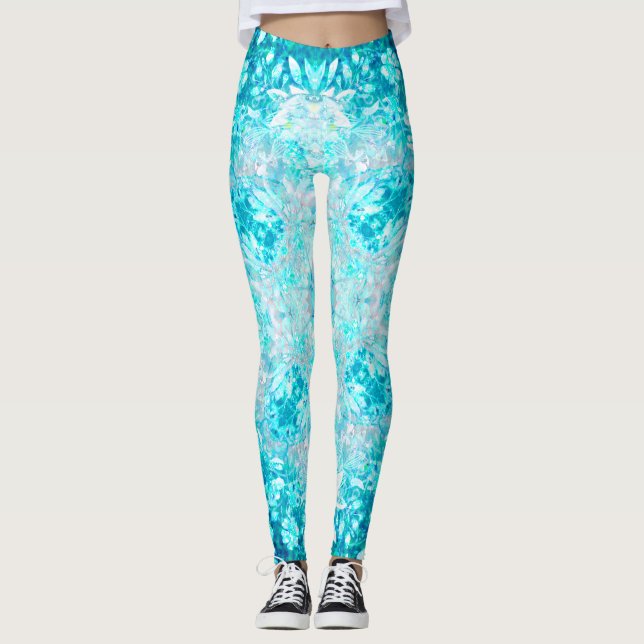 Türkis Aqua Blauer Blumenmuster Leggings (Vorderseite)