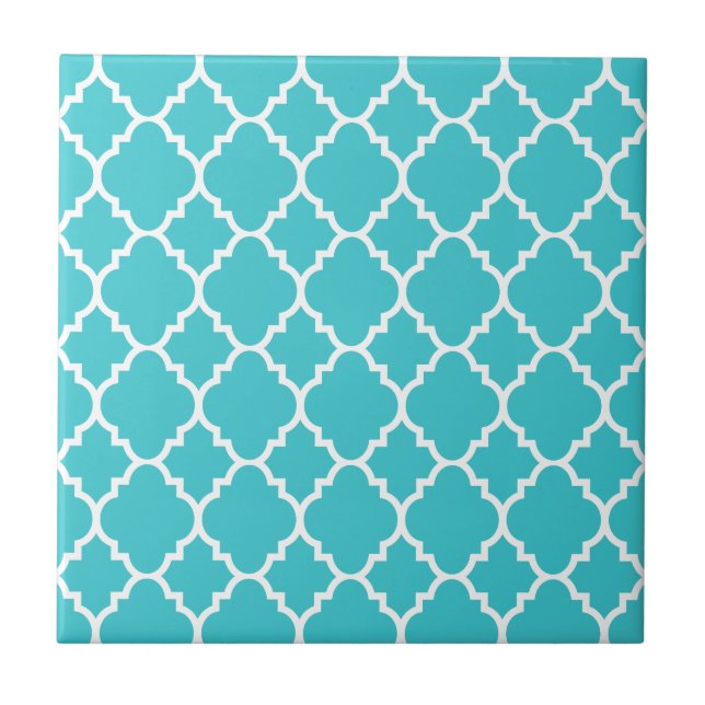 Türkis-Aqua blaues Quatrefoil Marokkaner-Muster Fliese (Vorderseite)