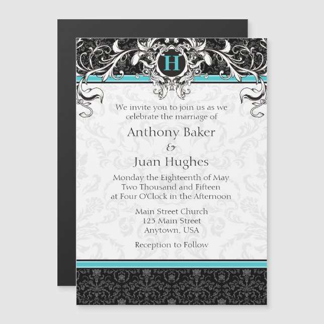 Türkis Aqua Blue Black Monogram Wedding Magneteinladung (Vorne/Hinten)