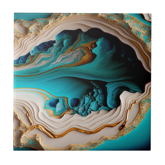 Türkis Aqua Blue Gold Gemstone Akrylus Art Fliese (Vorderseite)