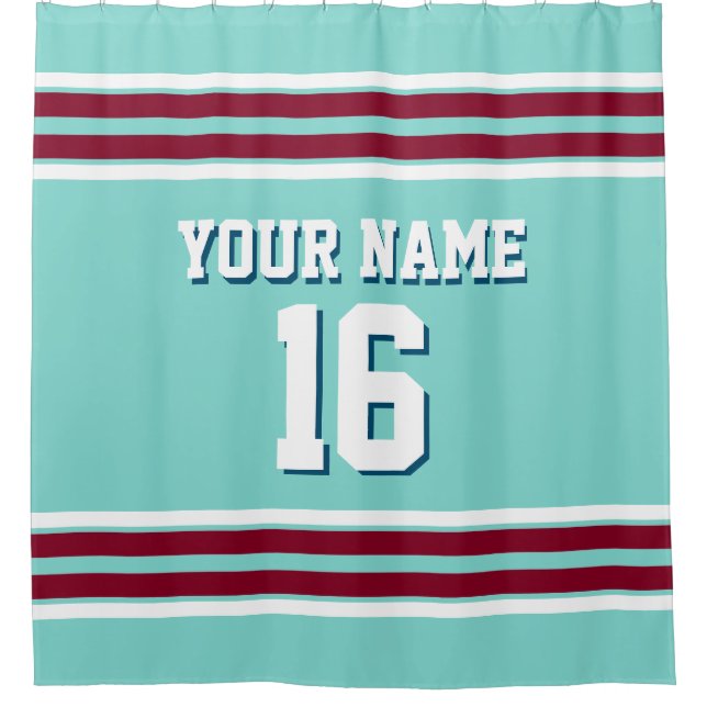 Türkis Aqua Burgundy Whit Stripes Sports Jersey Duschvorhang (Vorderseite)