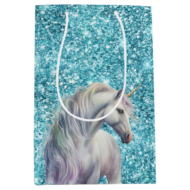 Türkis Aqua Glitz Glitzer Unicorn Mittlere Geschenktüte (Vorderseite)
