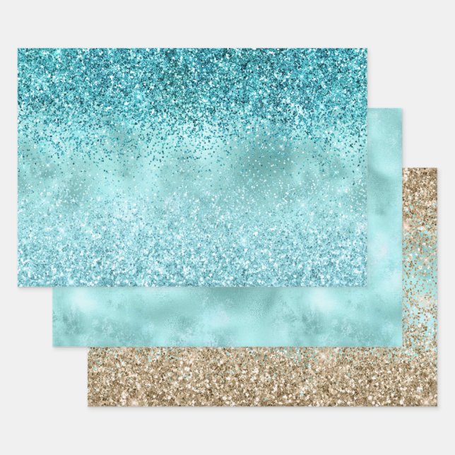 Türkis Aqua Gold Glam Glitzer Geschenkpapier Set (Set)