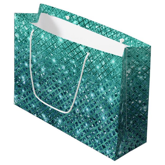 Türkis Aqua Green Sparkle Große Geschenktüte (Vorderseite Schrägansicht)